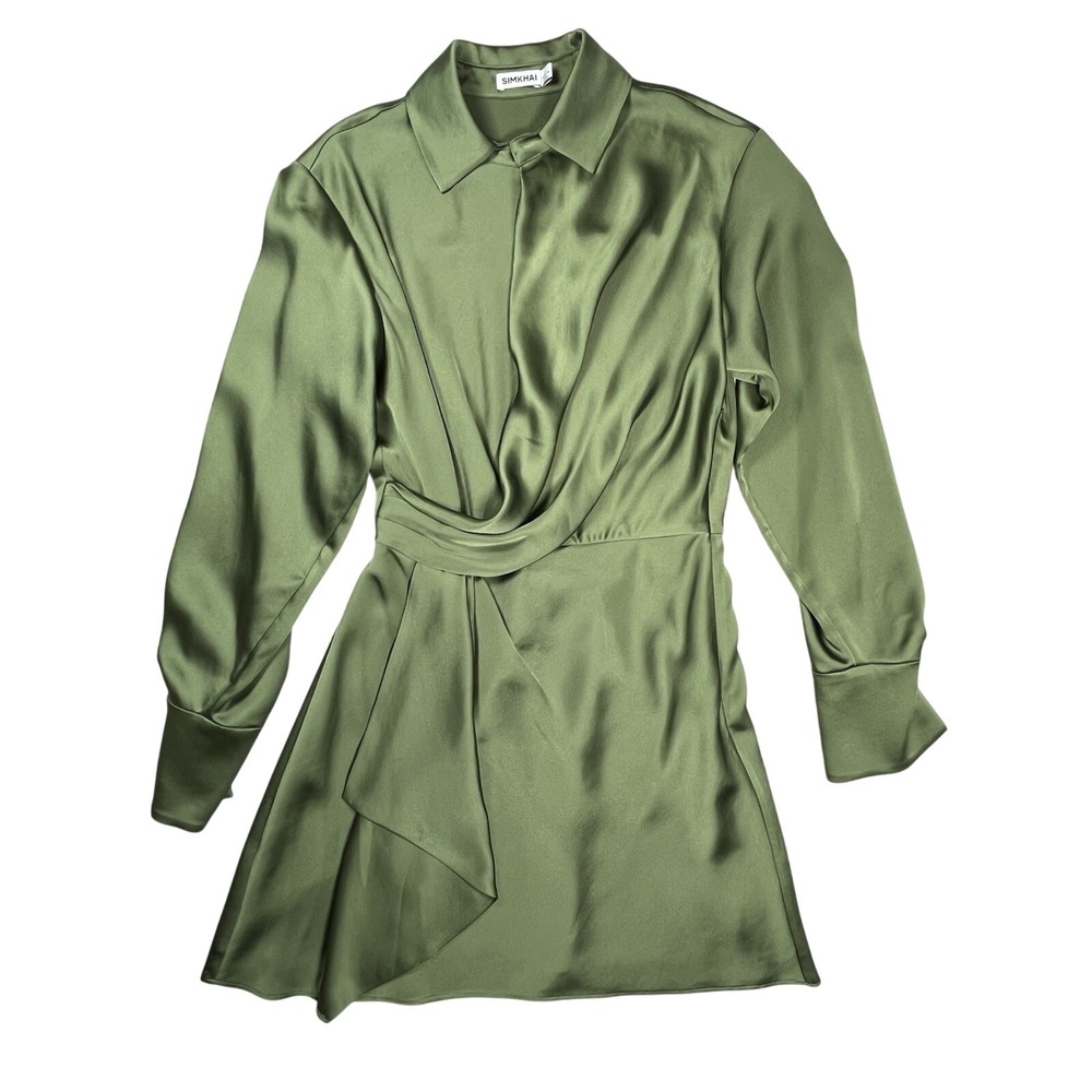 Simkhai Green‎ Talit Wrap-Effect Draped Satin Mini Dress Sz 2 Designer Cocktail